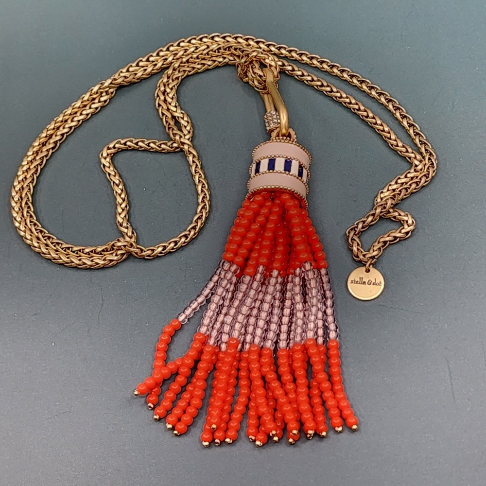 Stella & Dot Beaded Tassel Pendant Necklace Gold Tone Red Pink Boho Statement